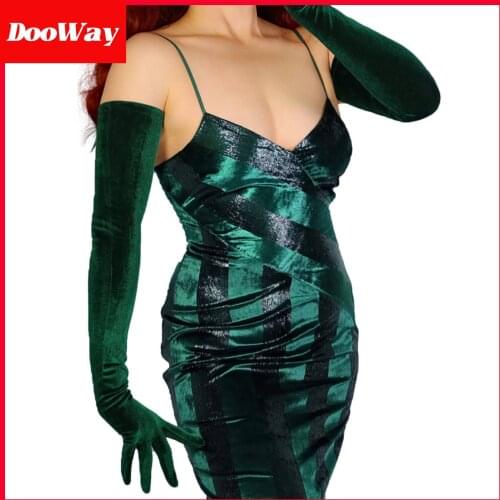 DooWay Super Long Velvet Gloves for Women Opera Evening 20s Party 28inches Green