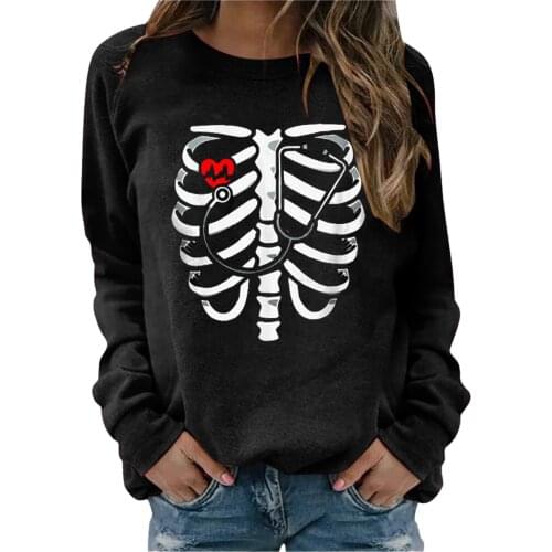 Women Casual Loose Sweater Adults Skeleton And Heart Print Long Sleeve Round Neck Sweatshirt Pullover