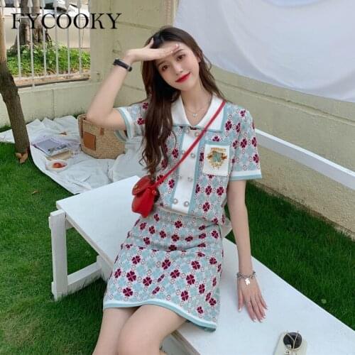 Fashion Sweet Two-piece Women Summer Vintage French Jacquard Knit Set Ladies Polo Collar Short Sleeve Tops+High Waist Skirts