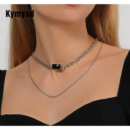 Fashion Silver Color Chains Choker Necklace Women Double Line Layered Necklaces Chains Black Stone Pendant Necklaces