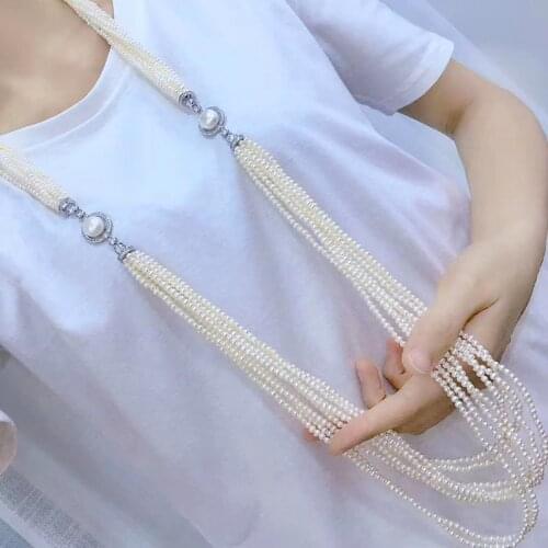 120cm long 7rows freshwater pearl near round necklace 3-4mm nature beads for women gift wedding amazong