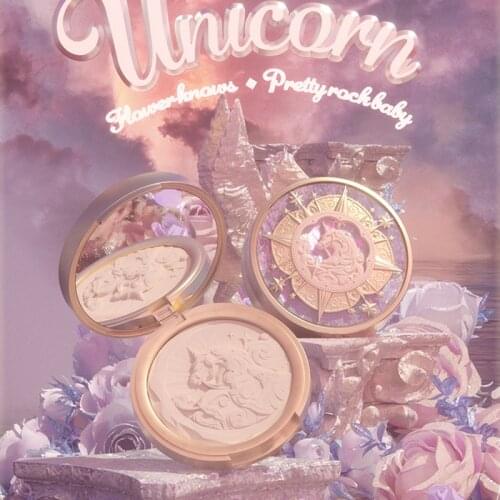 Flower Know Unicorn Embossed Makeup Pressed Powder Invisible Pore FinePowder Moisturizing Waterproof Oil Control Pressed Powder
