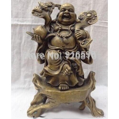 12" China Bronze RuYi Happy Laughing Maitreya Buddha Joss Chinese Peach Statue