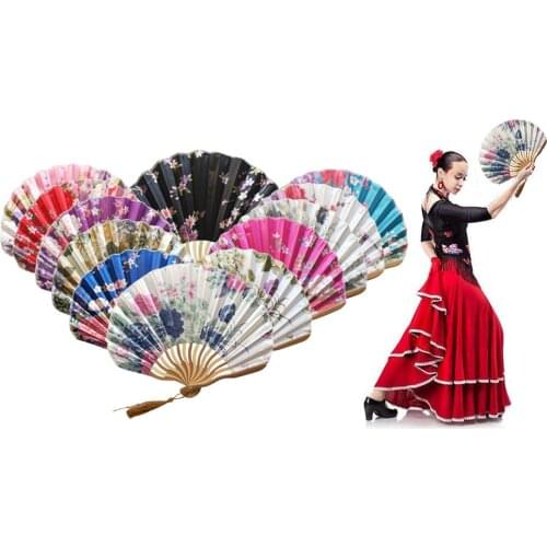 Classic Folding Fan Flower Fabric Bamboo Folding Dance Hand Fan Beige Summer Vintage Bamboo Folding Hand Held Fan Chinese Dance
