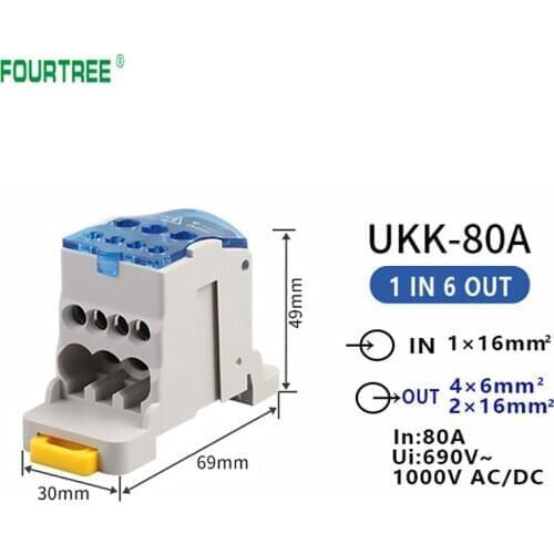 UKK 80A Terminal Blocks One In Several Out Power Distribution Junction Box Universal Electric Wire Connector Din Rail 6 Way Out