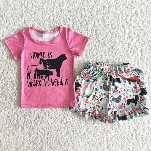 High Quality Toddler Girls Farm Style Outfit Kids Cute Animal Print Shirt And Shorts Babys Summer Rose Red Clothing Set