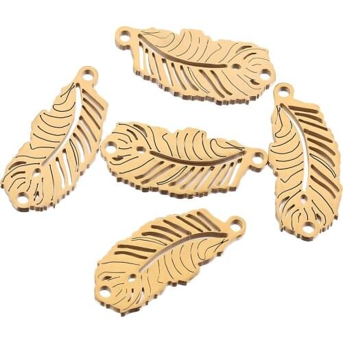5pcs Lot Gold Stainless Steel Feather Charm Connector for Bracelet Necklace Pendants Diy Jewelry Making Supplies Wholesale Items
