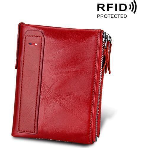 RFID Double Zipper Women Wallets Genuine Cow Leather High Quality Card Holder Female Purse Vintage Coin Holder Wallets For Girl
