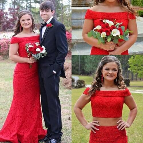 2020 Red Off Shoulder Two-piece Mermaid Prom Dresses Beads Formal dress evening dress Vestidos de fiesta Arabic Event Gowns