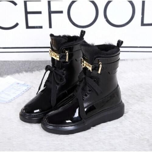 Patent Leather Snow Boots Women Mental decor Lace Up Plus Wool Shearling Wedges Boots 2020 Luxury Brand Design Shoes for Woman