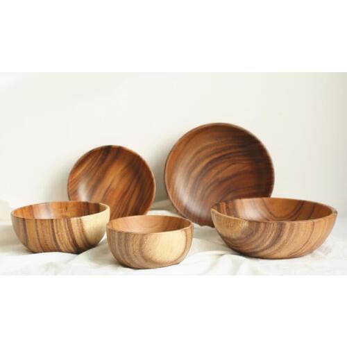 Whole wood solid wood bowl European flat bottom durable crack control Salad Noodle soup Cooking bowl