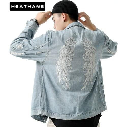 Fashion Casual Wing Embroidery Men Vintage Denim Jacket Selvedge Streetwear Harajuku Punk Motorcycle Jean Jacket Male Washed Top