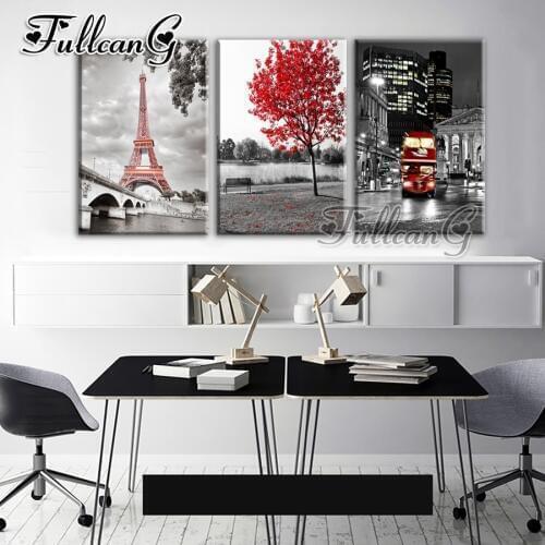 FULLCANG 5d diy diamond embroidery paris tower red bus maple triptych painting 3pcs full square/round drill mosaic pattern FC641
