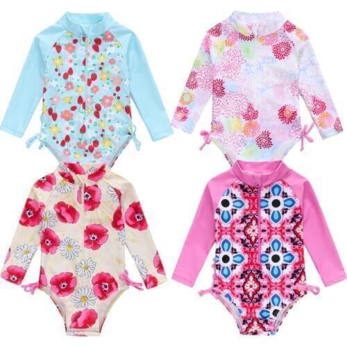 2019 New Summer Toddler Infant Baby Girl Swimsuit Cute Long Sleeve One-piece Floral Swimwear Swimming Costume Summer Cute Bikini