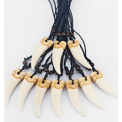 Wholesales 6pcs Faux Yak Bone Resin Beige White Tooth Teeth Charm Pendant Necklace Black Wax Cotton Cord Adjustable