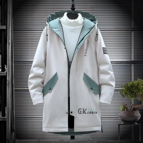 Autumn/Winter Hip Hop Mens Fleece-Lined Thick Windbreaker Man Printed Hooded Jacket Mid-length Trench Coat Male 3 Colors M-3XL