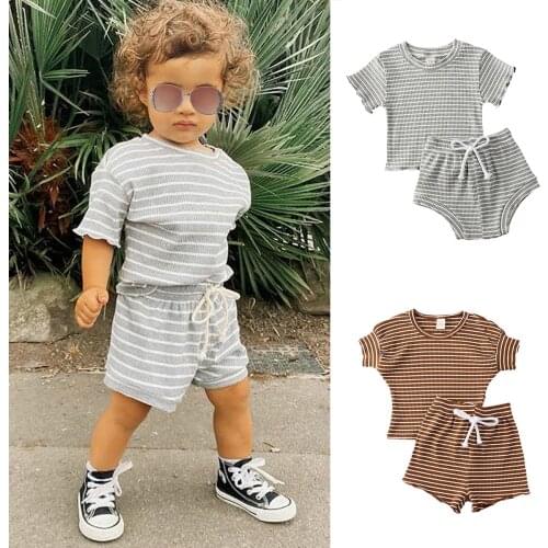 0-4Y Summer Infant Baby Girls Boys Clothes Sets 2pcs Striped Print Short Sleeve T Shirts Tops+Shorts