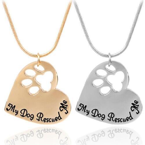 "My Dog Rescued Me" Hollow Pet Footprint Necklaces Gold/Silver Chain Heart Pendant Cat Puppy Memento 2017 Pet Lover Necklaces