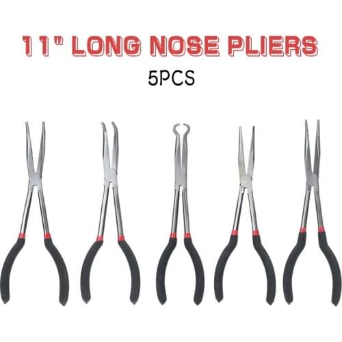 5pcs/set 11" Extra Long Reach Nose Pliers Tool Set Straight Bent Tip Mechanics Hose Gripper O-type Car Pliers Tool