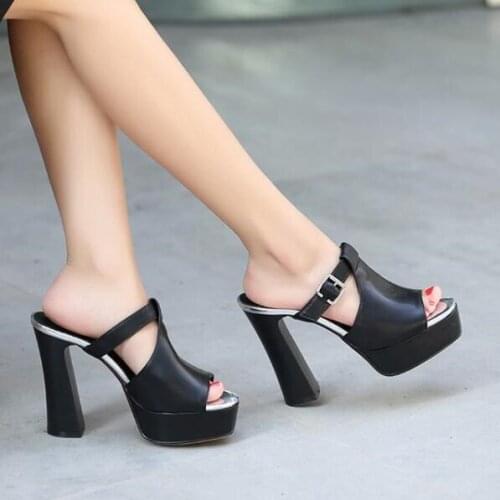 PXELENA Chunky Block High Heels Slippers Women 2018 Summer New Buckle Platform Peep Toe Date Party Slides Lady Shoes Black White