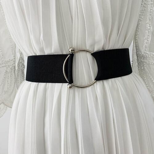 Q Fashion Women Vintage Belt Elastic Dress Belt Skinny Soft Leather Wide Waistband Round Buckle Simple Ladies Dress Accessories