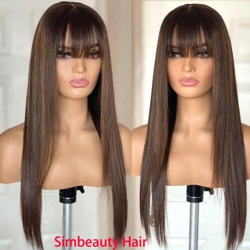 Silky Straight Brazilian Highlight Brown Roots 13x6 Lace Front Human Hair Wigs with Bangs Glueless Fringe Highlight Wigs Remy