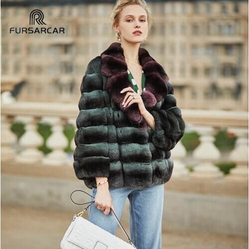 FURSARCAR 2021 New Winter Women Rex Rabbit Fur Coat Fashion Chinchilla Turn-Down Collar Jacket Real Genuine Fur Street Outerwear