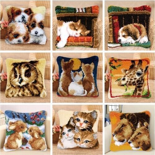 Smyrna Tapijt Kussen Knooppakket Latch Hook Kits Rug Canvas Animal Cat Cross Stitch Pillowcase Blank Canvas klink Haak Woolens