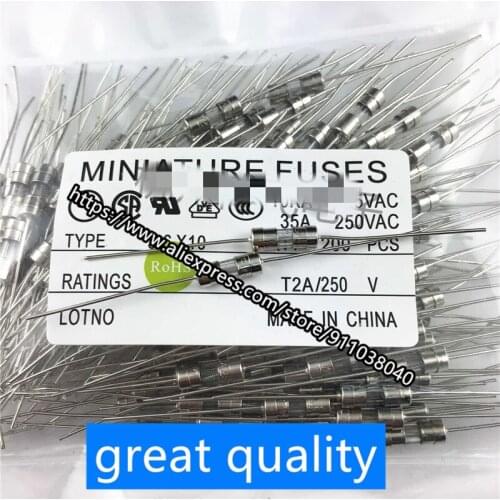 3.6*10 time-delay double cap T2A/250V glass fuse tube with lead feet, slow blow (50 pcs) 2A Glass fuse