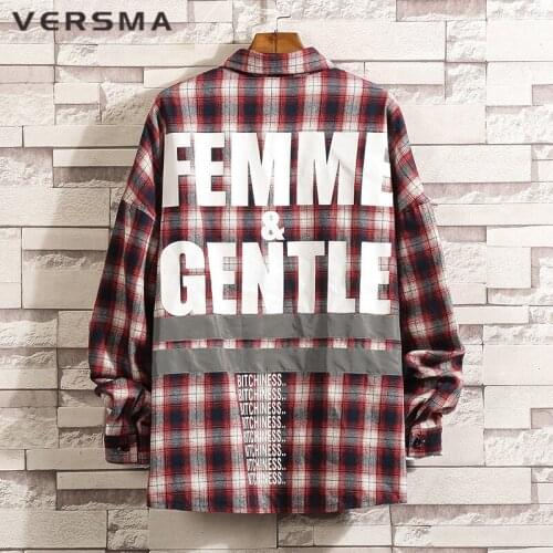 VERSMA Korean Harajuku Letter Printed Reflective Plaid Shirt Men Women Hip Hop Streetwear Rap Oversized Shirts Men Drop Shipping