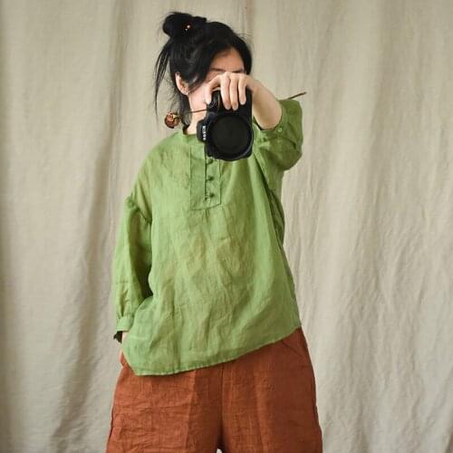 Ramie Women T shirt Three Quarter sleeve O neck Solid Color 2021 Summer Casual Fashion Women Blouse YoYiKamomo