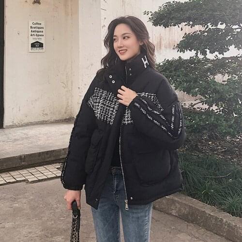 Patchwork Winter Jacket Women Plus Size Thick Womens Parkas Stand Collar Letter Print Short Style Loose Casual Female Cold Coat