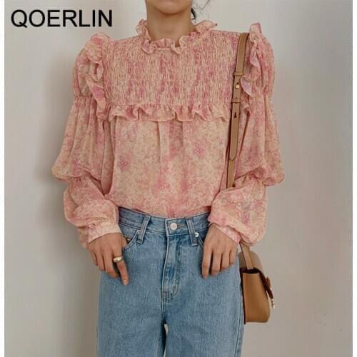 QOERLIN Bohemian Print Womens Shirts Stand Collar Lantern Long Sleeve Ruffles Female Shirt Blouse Female Fashion New Blouse