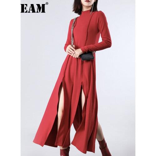 [EAM] Women Red Vent Split Joint Long Temperament Dress New Turtleneck Long Sleeve Loose Fit Fashion Spring Summer 2021 JZ343