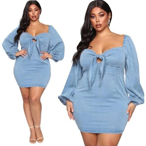 2021 Plus Size Clothing for Women Sweet Mini Dress Sexy Backless V Neck Long Lantern Sleeve Denim Dress Wholesale Dropshipping
