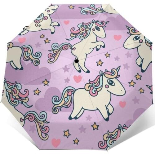 Automatic Umbrella Rain Women Three-folding Umbrella Unicorn And Stars Pink Print Windproof Umbrella Female Waterproof parasol