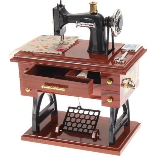 Sewing Machine Design Wood Music Box Retro Clockwork Mechanical Music Box Home Desktop Decor Ornament Gift 2 Sizes