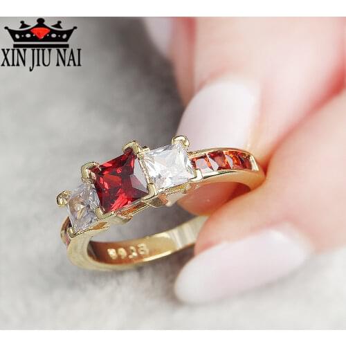 Two-color fashion classic elegant red gemstone 18K gold female radiation cut unlimited 3 carat square diamond ring party gift