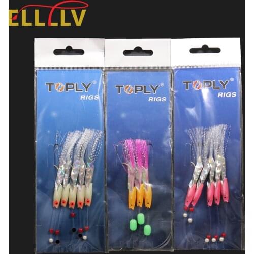 4bag=20pcs Sabiki Rigs Luminous Pink Fish Head Flasher Streamer Fishing Lures Soft Artificial Fishing Bait String Hook 3/0