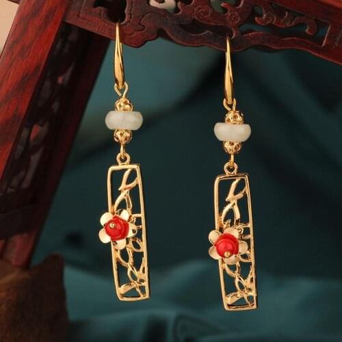 Ethnic delicate long red Aventurine small flower drop earring simple style vintage Retro earrings for women gift Jewelry