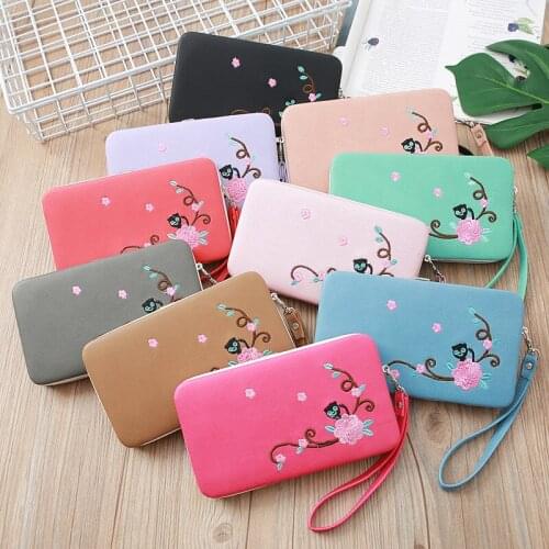 Kitty Cat Embroidery Flower Box Phone Case Wallet Women Coin Pocket Change Purse Billfold Credit Bank ID Card Holders Hand Bag