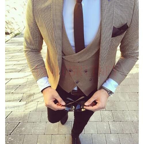 Casual Houndstooth Mens Suit 3 Piece Tailored Slim Fit Male Blazer Pants Set Suit for Men Fashion Double Breasted Vest for Men