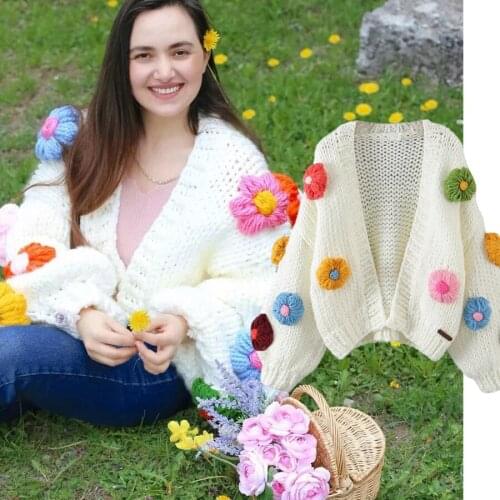 Jenny&Dave Women Loose Oversize Jacket Winter Sweaters Women Ins Fashion Blogger Vintage Flower Embroidery Knitted Cardigans