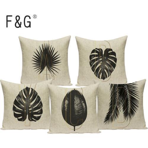 Square Gray Leaf Home Decorative Soft Seat Car Cushion Covers LinenTropical Plants Black Vintage Cojines Decorativos Para Sofa