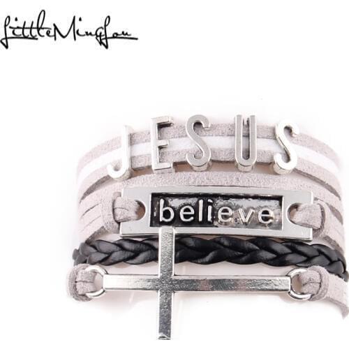 Little MingLou Infinity love Believe Jesus Bracelet Cross Charm leather wrap men bracelets & bangles for Women Jewelry
