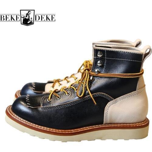 New Japanese Retro Patchwork Genuine Leather Boots Men Round Toe Lace Up Motorcycle Ankle Boots Casual Men Leather Shoes