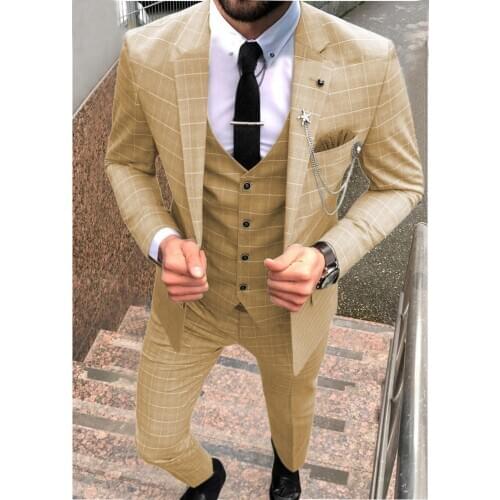 Mens Plaid Suits Slim Fit Prom Tuxedos 3 Piece Solid Notch Lapel Tuxedos For Wedding Grooms(Blazer+vest+Pants) Blue/Champagne