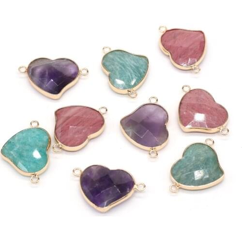 Natural Stone Amethysts Connector Hearts Faceted Amazonite Crystal Pendant Charms for DIY Necklace Bracelet Jewelry Making Gift