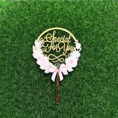 New Ins Acrylic Valentines Day Cake Toppers Gold Letter Flower Bow Cake Topper Birthday Wedding Party Cake Decorations Supplies