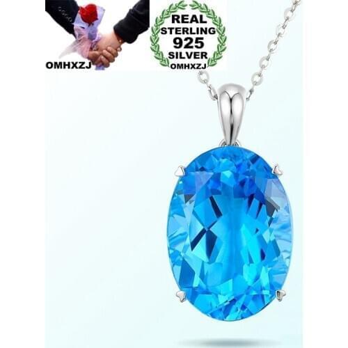 OMHXZJ Wholesale European Fashion Woman Girl Party Wedding Gift Oval Blue Topaz 925 Sterling Silver Necklace Pendant Charm CA48